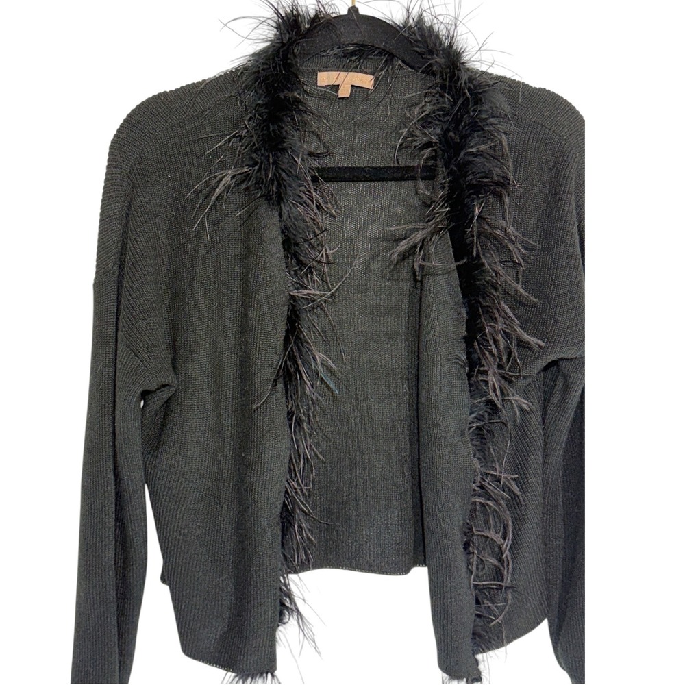 90s Evolutionary Black Feather Trim Cropped Cardigan Sweater Whimsy Goth Y2K L